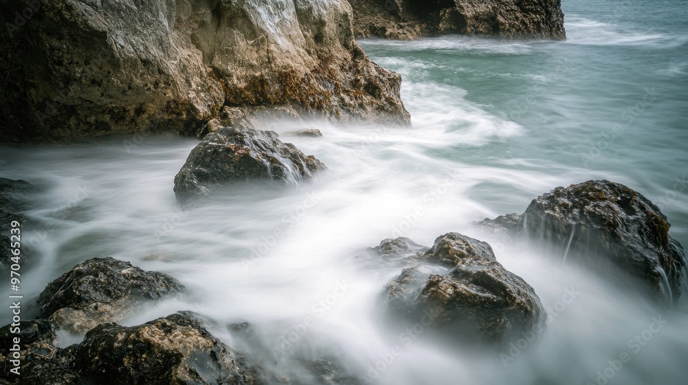 A long exposure shot of powerful waves breaking against rocks, creating a misty effect with the motion of the water. A long exposure shot of powerful waves breaking against rocks, creating a misty effect with the motion of the water.