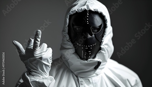 Enigmatic Silhouette in Black Mask and White Morph Suit Gestures in Monochrome High Contrast Abstract Composition photo