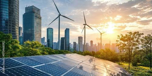 Fototapeta Naklejka Na Ścianę i Meble -  green energy solutions powering an eco-friendly city with wind turbines and solar panels