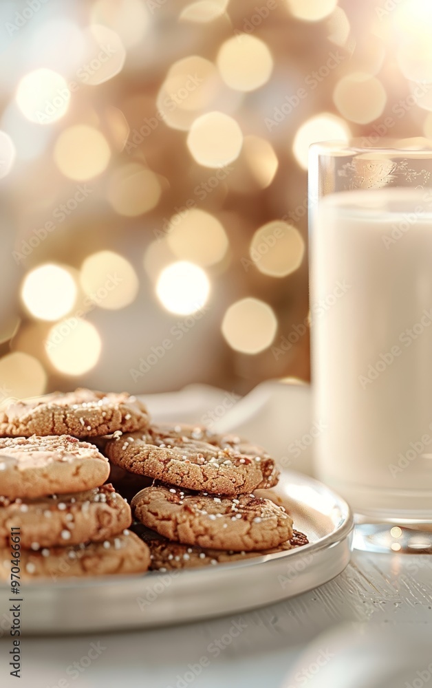 Delicious cookies on a plate with a glass of milk, perfect for a festive treat, creating a cozy and warm atmosphere.