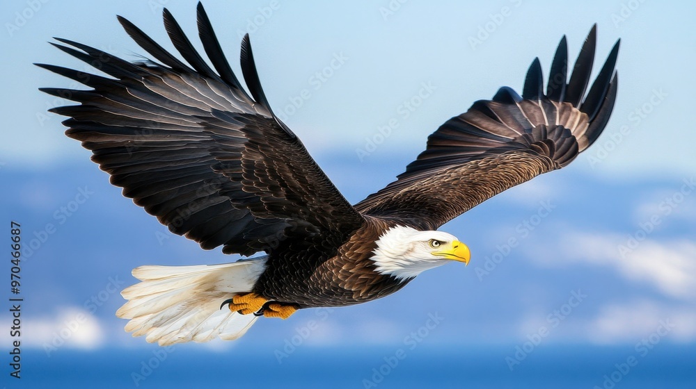 Fototapeta premium A majestic bald eagle soaring in the sky, wings fully extended, with a clear blue sky in the background.