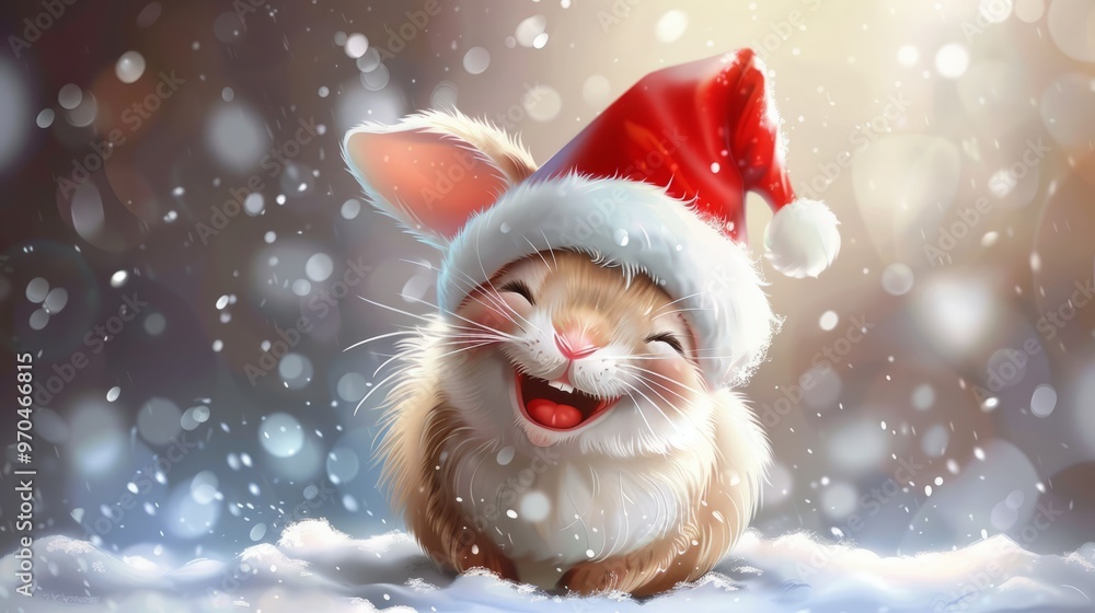 Funny gray rabbit in Santa Claus hat on bright background. New Year and Christmas holidays concept, copy space Funny gray rabbit in Santa Claus hat on bright background. New Year and Christmas holidays concept, copy space