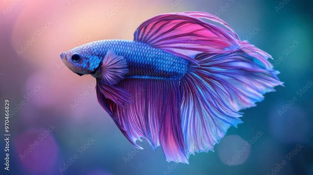 A majestic betta fish with long, flowing fins in shades of purple and blue, captured mid-swim in a softly lit tank. A majestic betta fish with long, flowing fins in shades of purple and blue, captured mid-swim in a softly lit tank.