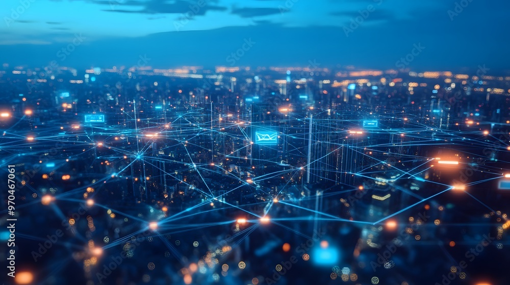 Fototapeta premium Interconnected Cityscape with Network Lines and Data Icons at Night