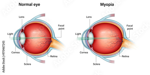 "Eye Comparison: Normal Eye vs Myopic Eye - Focal Point Differences and Refractive Error