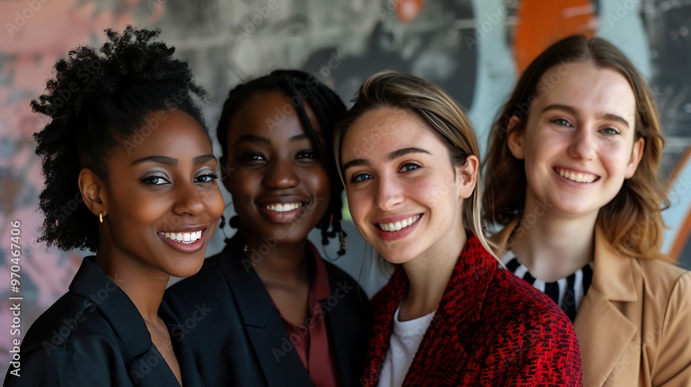 Close up portrait of happy diverse women in suits of different races, with a simple background, showcasing inclusivity and corporate diversity Close up portrait of happy diverse women in suits of different races, with a simple background, showcasing inclusivity and corporate diversity