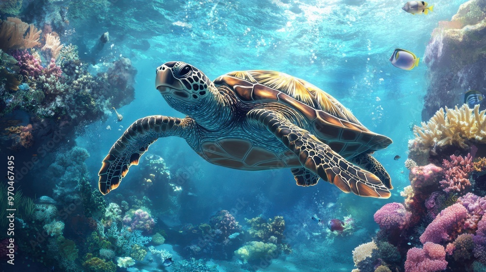 A majestic sea turtle gliding through clear blue waters, surrounded by coral formations and small fish in a serene setting. A majestic sea turtle gliding through clear blue waters, surrounded by coral formations and small fish in a serene setting.