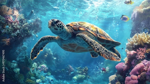 A majestic sea turtle gliding through clear blue waters, surrounded by coral formations and small fish in a serene setting.