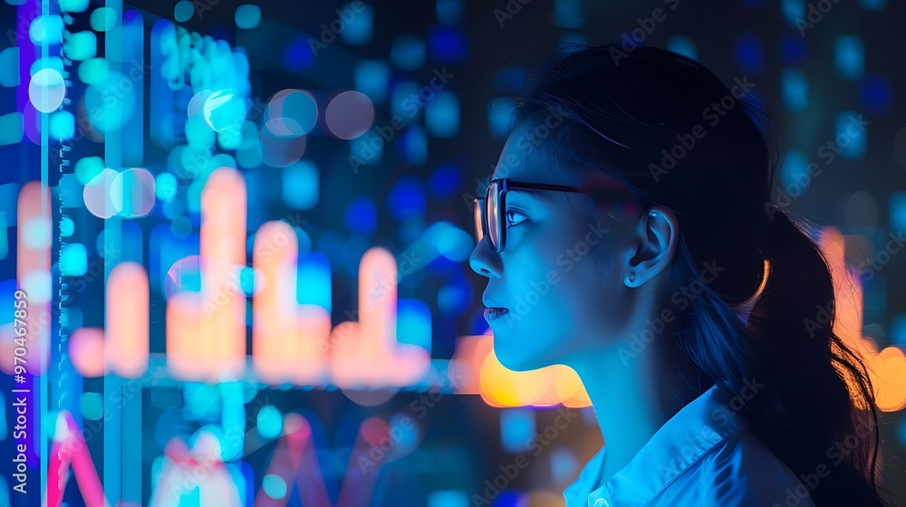Businesswoman with a Blue Lit Screen, Business Theme, Portrait Shot, Blue Lit, Screen Businesswoman with a Blue Lit Screen, Business Theme, Portrait Shot, Blue Lit, Screen