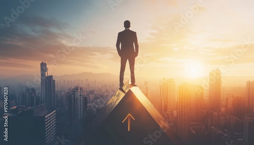 Successful businessman standing on upward arrow representing achievement and growth in business