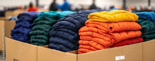 A donation drive for winter clothing, with volunteers sorting items, donation drive, winter clothing photo