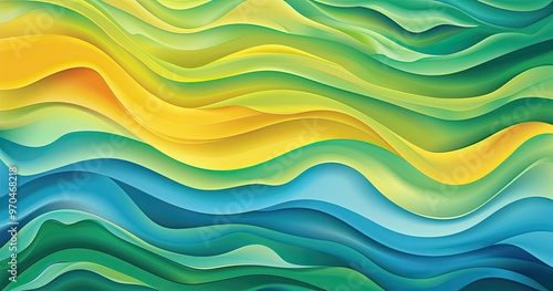 A vibrant abstract design featuring flowing waves in shades of green, blue, and yellow, evoking a sense of movement and tranquility.