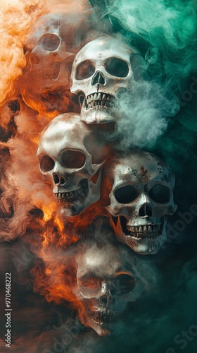 Skulls emerging from colorful smoke, mysterious