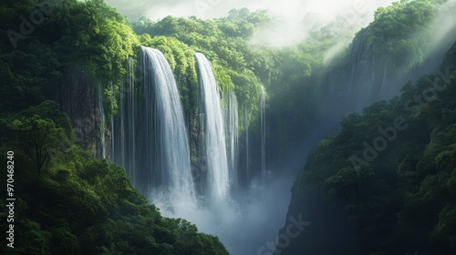 A majestic waterfall cascading down a lush green cliff, surrounded by dense forest and mist rising from the water.