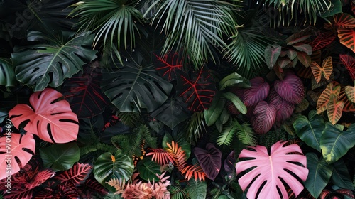 A vibrant arrangement of various tropical plants showcasing rich colors and textures.