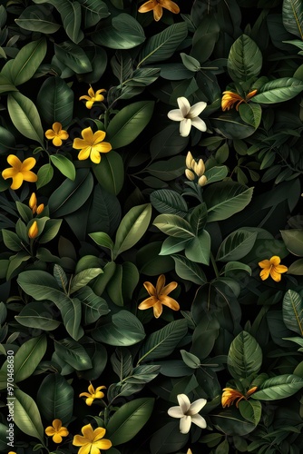 Wallpaper Mural A lush arrangement of green leaves and vibrant flowers, creating a visually appealing natural pattern. Torontodigital.ca