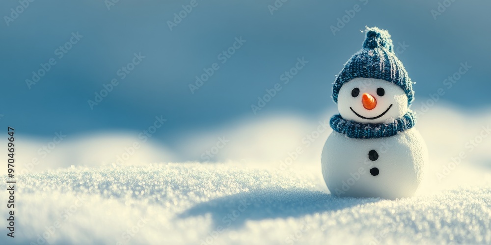 Obraz premium Smiling snowman figurine in a snowy landscape