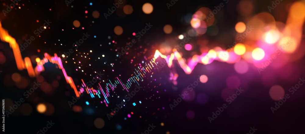 Abstract background with colorful bokeh lights and a digital line graph. Abstract background with colorful bokeh lights and a digital line graph.