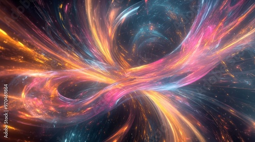 A mesmerizing 3D abstract multicolor visualization with intertwined shapes and light trails, evoking digital art.