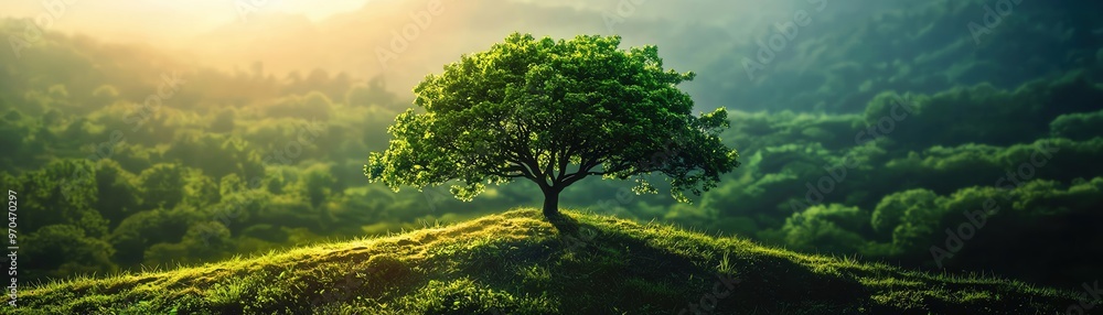A solitary tree stands majestically on a hill, surrounded by lush greenery and a serene atmosphere under soft sunlight. A solitary tree stands majestically on a hill, surrounded by lush greenery and a serene atmosphere under soft sunlight.