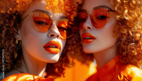 Two stylish women with curly, vibrant orange hair and chic sunglasses, standing closely together 