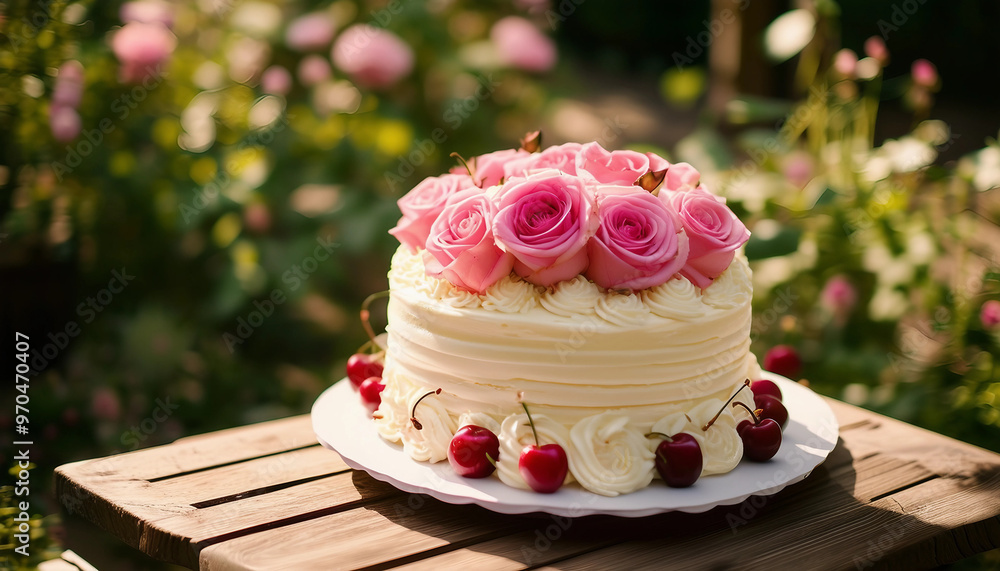 A delicious, elegantly decorated vanilla layer cake topped with cream swirls, pink roses A delicious, elegantly decorated vanilla layer cake topped with cream swirls, pink roses