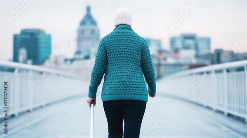 A visually impaired person crossing a bridge with their white cane, enjoying the city view, crossing bridge, white cane, city view
