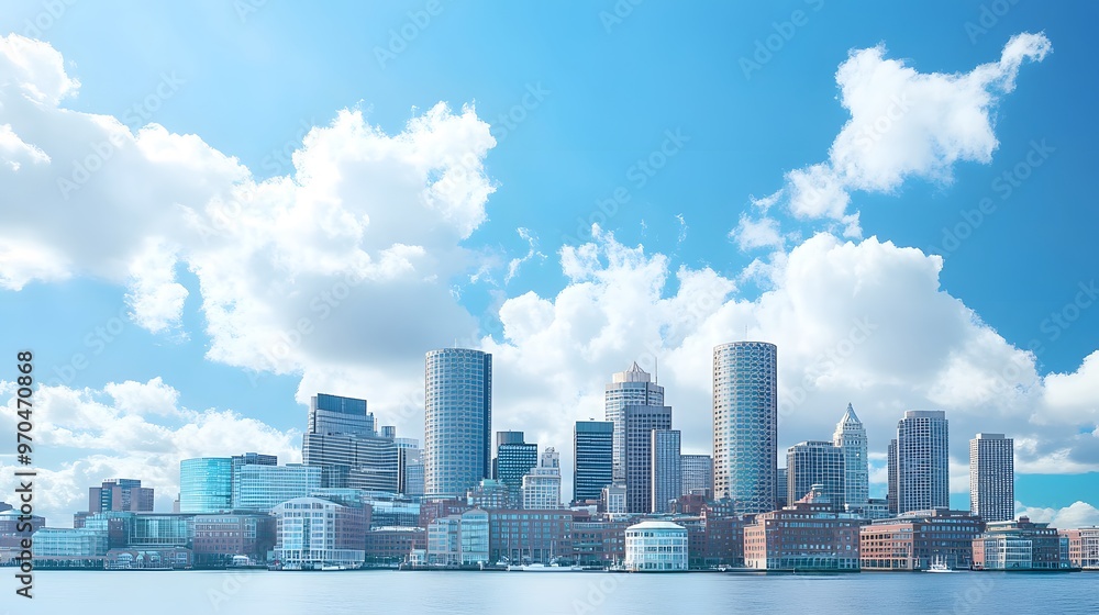 Fototapeta premium Modern Skyscrapers and Waterfront Buildings with a Blue Sky and White Clouds
