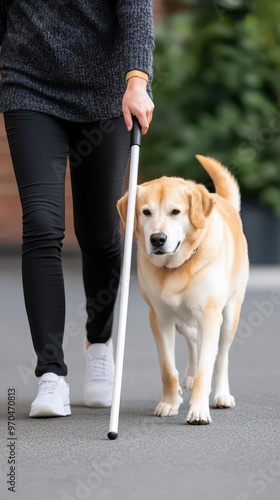 A visually impaired person using a white cane while walking with a guide dog, white cane, guide dog, walking