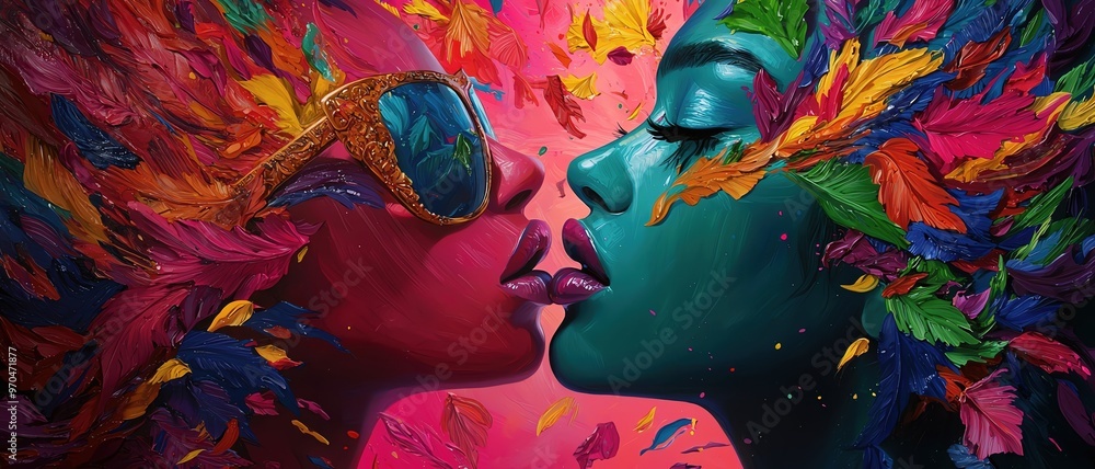 A vibrant artistic representation of two figures kissing, surrounded by colorful leaves and abstract elements, symbolizing love and connection. A vibrant artistic representation of two figures kissing, surrounded by colorful leaves and abstract elements, symbolizing love and connection.