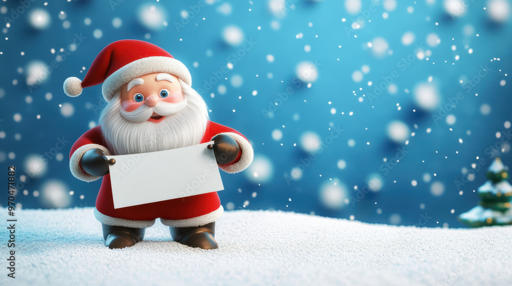 Santa Claus holds blank sign in snowy winter scene, surrounded by falling snowflakes and festive atmosphere. This cheerful display captures spirit of Christmas Santa Claus holds blank sign in snowy winter scene, surrounded by falling snowflakes and festive atmosphere. This cheerful display captures spirit of Christmas