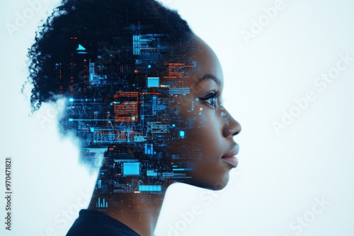 Ai cybersecurity threat  black female it specialist analyzing data in augmented reality #970471821