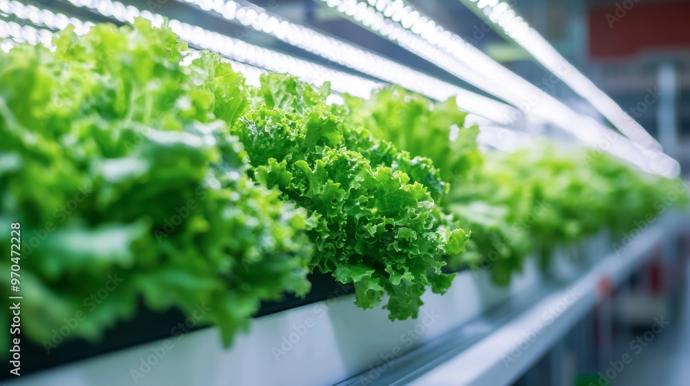 A modern hydroponic farm with green salads in vertical racks, under bright grow lights in a controlled environment. A modern hydroponic farm with green salads in vertical racks, under bright grow lights in a controlled environment.