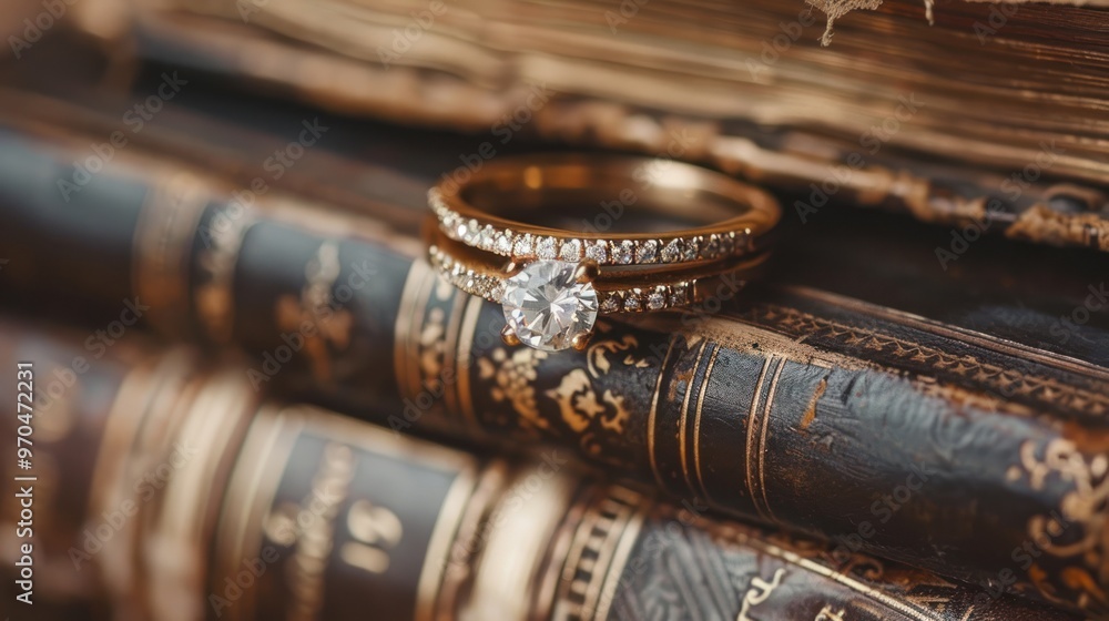 Diamond wedding ring in open Bible book with blurred background AI generated image Diamond wedding ring in open Bible book with blurred background AI generated image