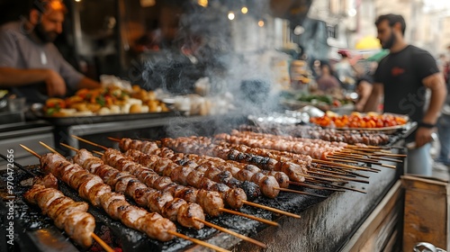 A bustling outdoor food market, with grills smoking various skewers and kebabs, the air filled with the scent of spices