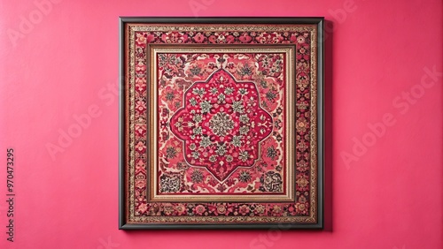 Lino print of a Persian carpet inspired poster frame on a pink background with black ink