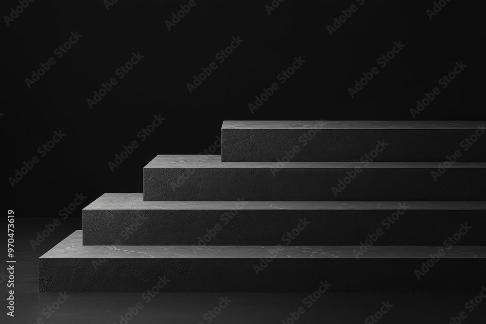 Black marble steps podium on a dark background. Black marble steps podium on a dark background.