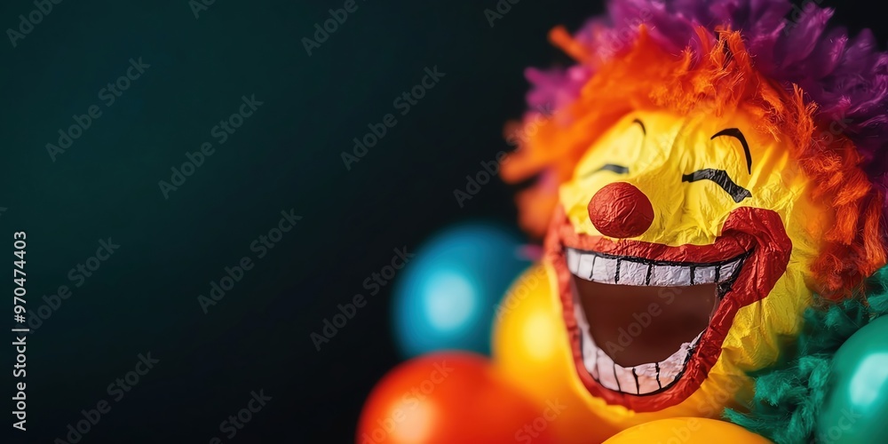 Colorful clown figurine with a big smile and bright hair, surrounded by vibrant balls, perfect for festive celebrations and joyful moments. Colorful clown figurine with a big smile and bright hair, surrounded by vibrant balls, perfect for festive celebrations and joyful moments.