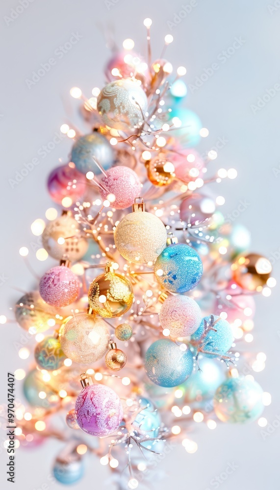 Diverse Ornaments Adorning a 3D Holiday Tree in a Festive Setting Diverse Ornaments Adorning a 3D Holiday Tree in a Festive Setting