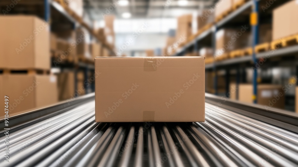 Cardboard Box on Conveyor Belt in Warehouse Cardboard Box on Conveyor Belt in Warehouse