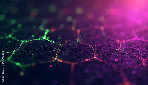 Hexagonal Digital Background with Neon Colors and Interconnected Patterns