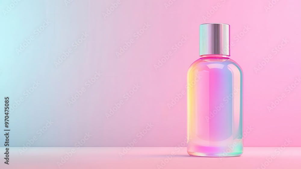 Floating skincare bottle with iridescent shimmer, futuristic holographic background, minimalist clean design, pastel neon lights, HD detail Floating skincare bottle with iridescent shimmer, futuristic holographic background, minimalist clean design, pastel neon lights, HD detail