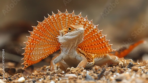 Frill-necked lizard with extended frill, defensive posture: A frill-necked lizard displays its dramatic extended frill in a defensive posture, ready to ward off potential threats in its desert 