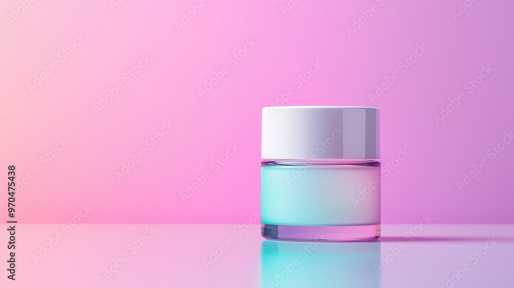 A glowing moisturizer jar on a reflective surface, surrounded by shimmering holographic light, sleek minimalist design, pastel background A glowing moisturizer jar on a reflective surface, surrounded by shimmering holographic light, sleek minimalist design, pastel background