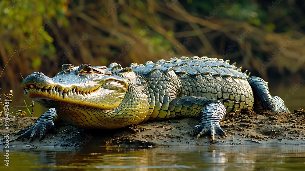 Obraz premium Gharial crocodile basking on riverbank, needle-like snout prominent: A gharial crocodile basks on a riverbank, its long, needle-like snout and rows of sharp teeth clearly visible as it soaks 