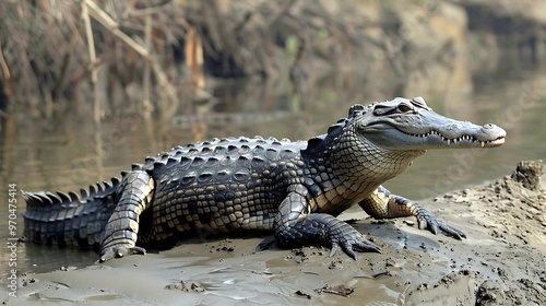 Gharial crocodile basking on riverbank, needle-like snout prominent: A gharial crocodile basks on a riverbank, its long, needle-like snout and rows of sharp teeth clearly visible as it soaks  photo