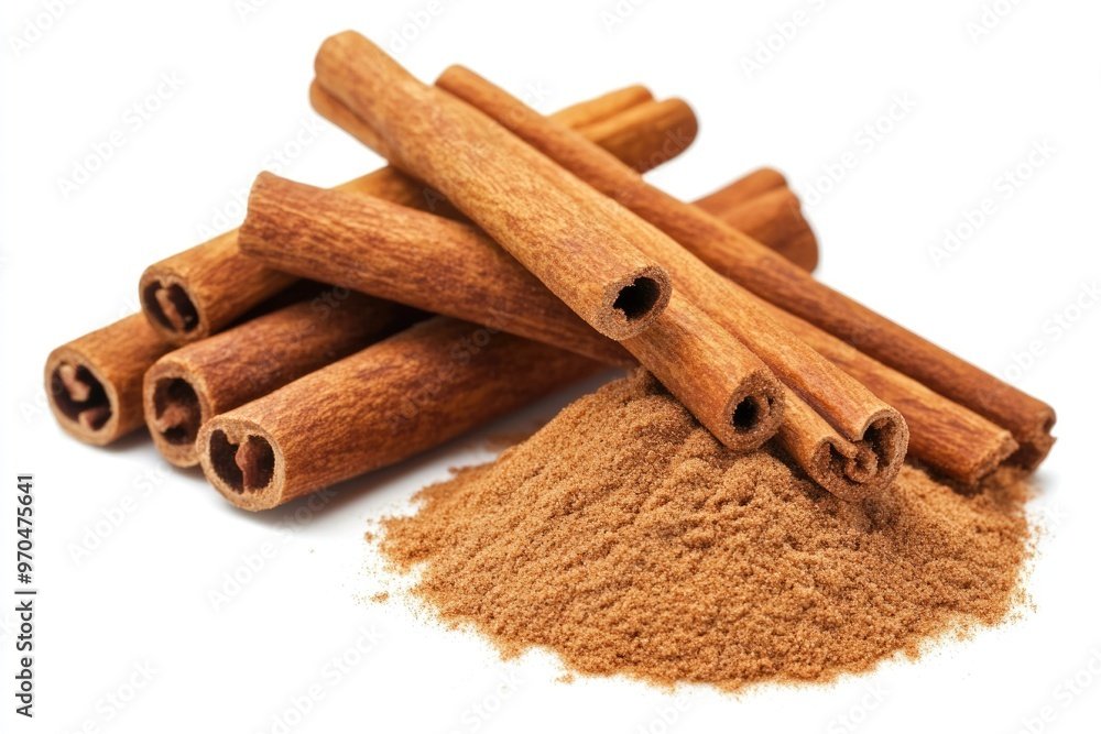 Rich Aroma of Cinnamon Sticks and Powder on White Background Rich Aroma of Cinnamon Sticks and Powder on White Background