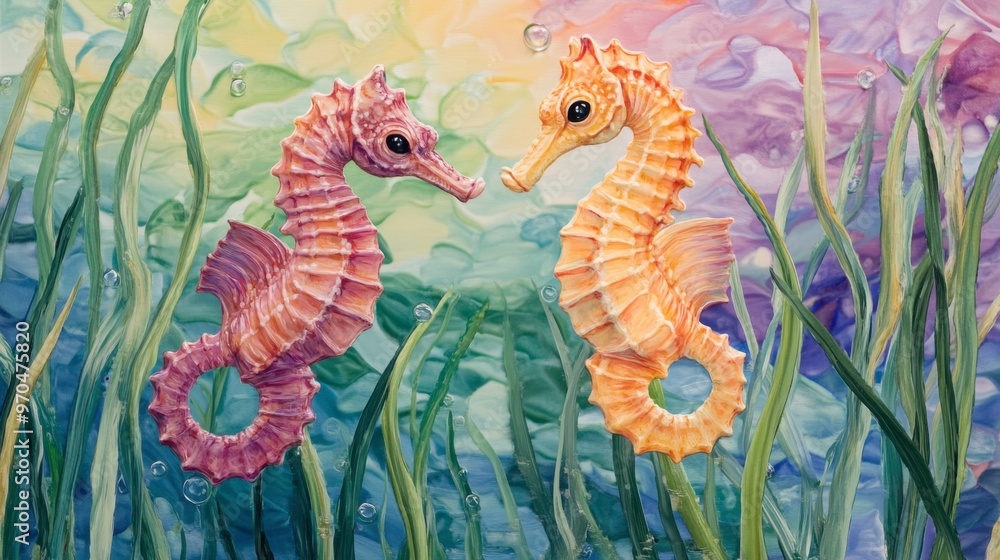 A pair of seahorses floating gently in the water, holding onto seagrass with their tails, in a calm and colorful setting. A pair of seahorses floating gently in the water, holding onto seagrass with their tails, in a calm and colorful setting.
