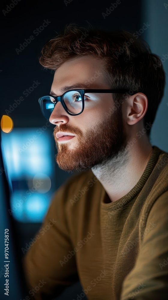 Fototapeta premium A young professional working remotely, participating in a video call with a digital backdrop, remote work, video call, digital