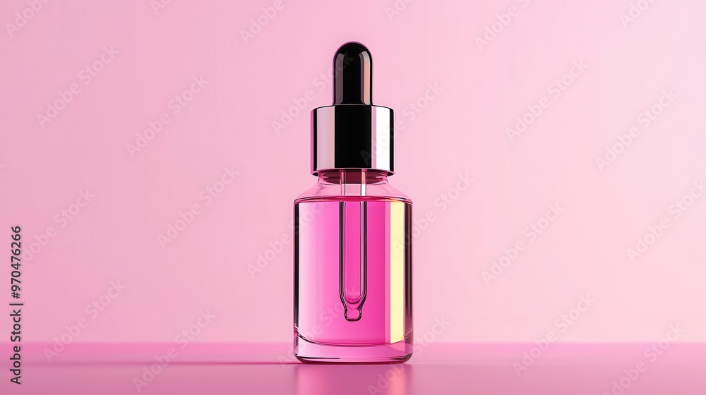 Shimmering serum dropper glowing softly, surrounded by holographic particles, futuristic packaging, pastel neon tones, minimalist high-tech style Shimmering serum dropper glowing softly, surrounded by holographic particles, futuristic packaging, pastel neon tones, minimalist high-tech style